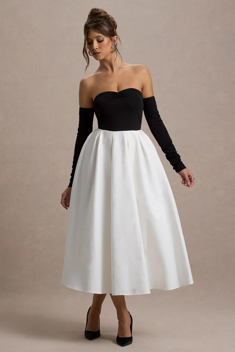 Solada | Black & Cream Bardot Pleated Midi Dress | Club L London