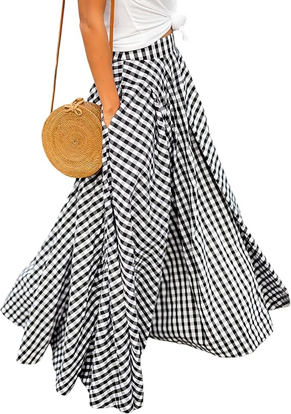 AELSON Women's Gingham Maxi Skirt High Waist Plaid Long Skirts for Women Pleated A Line Flowy Che... | Amazon (US)