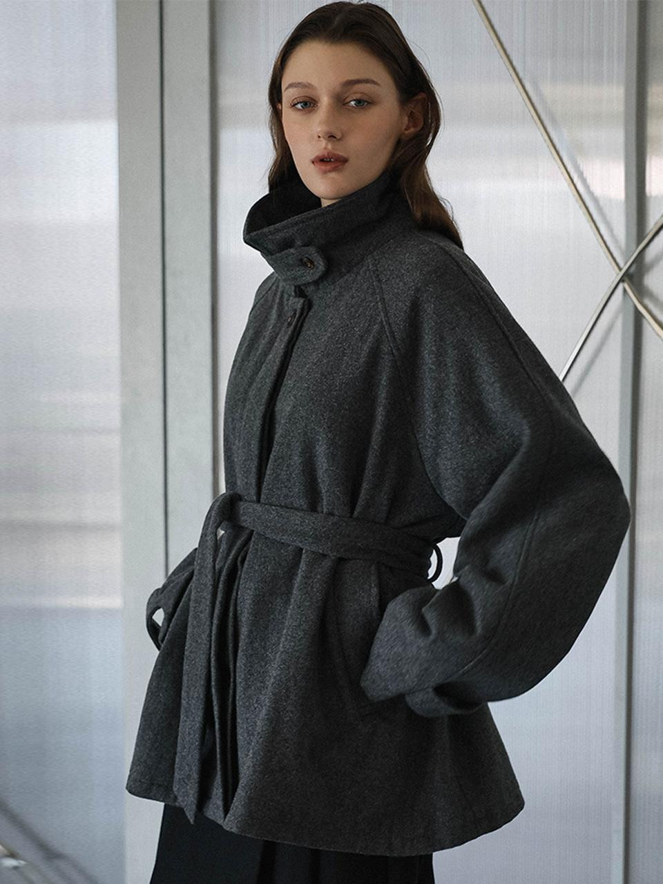 Belted High-Neck Wool-Blend Half Coat [Charcoal] | W Concept (US)