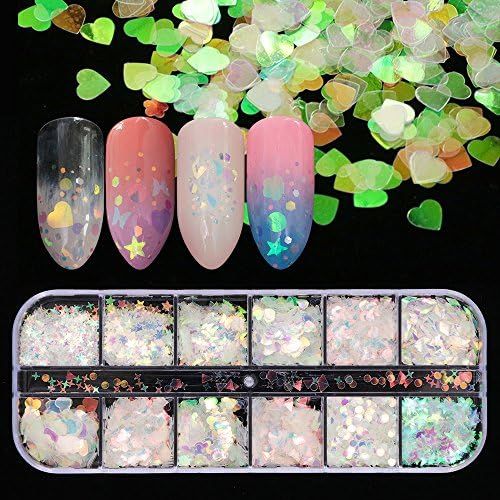 12 Shaped Holographic Nail Sequins Iridescent Mermaid Flakes Colorful Glitter Sticker Manicure Na... | Amazon (US)