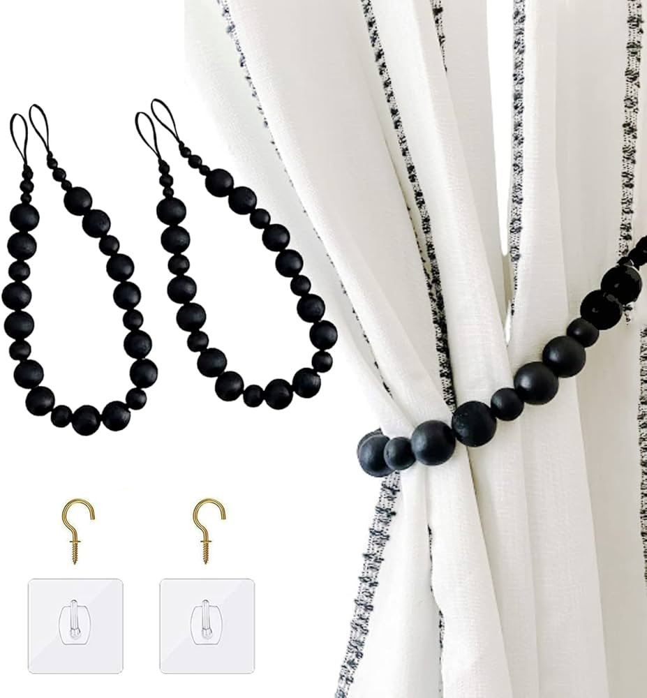 Set of 2 Black Wood Bead Curtain Tieback, Boho Curtain Holdbacks, Farmhouse Decorative Curtain Ho... | Amazon (US)