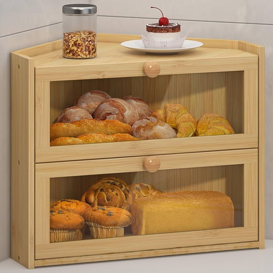 JANSNIMEN Bamboo Corner Bread Box for Kitchen Countertop, Large Bread Container Storage Bamboo Wo... | Amazon (US)
