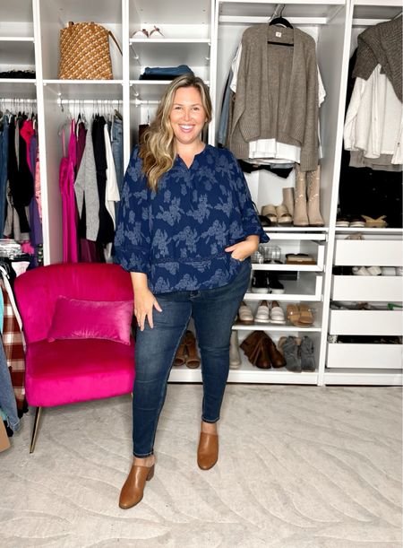 I absolutely love how understated and chic this look is! The navy top is super lightweight, too, and makes for a fantastic #HOTFALL option, for those of us who live in warmer climates! I sized up to a 20W in the Maurices jeans and I think that was the right choice, there is some stretch and they feel really good and like they fit correctly. The top runs true to size, I have it on in the 2X and I wouldn’t size down at all. These mules are from Madewell a few years ago and still standing strong! I love the camel color, I think it pairs so beautifully with so many things.

#LTKcurves #LTKstyletip #LTKSeasonal