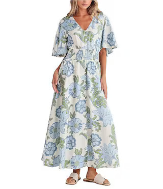 Ibiza Floral Print Linen Blend V-Neck Short Sleeve Maxi Dress | Dillard's