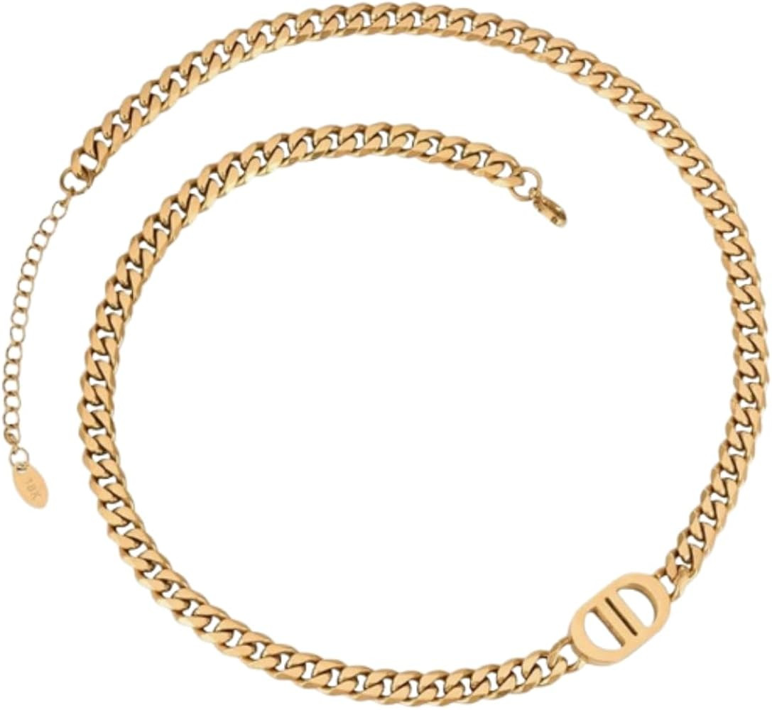JEWELRY Womens 18K Real Gold Plated Initial Necklace Choker with Double D Letter, 6mm 316L Stainless Steel Diamond-Cut Curb Cuban Link Chain | Amazon (US)
