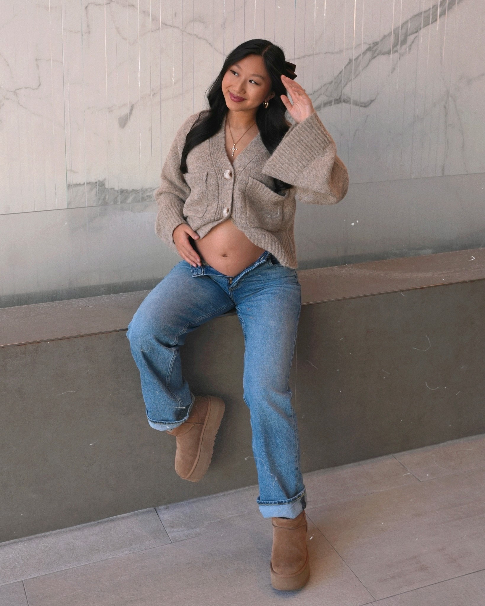Straight Leg Blue Jeans: size 24
Brown Cardigan: size 2
Platform Ugg Boots: true to size

How to style, style tips, ootd, fall fashion, maternity style, pregnant outfit

#LTKootd #LTKBump #LTKSeasonal