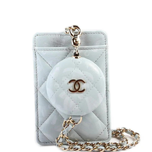 ID Holder Retractable Lanyard Quilted Lambskin RFID Blue | Keeks Designer Handbags