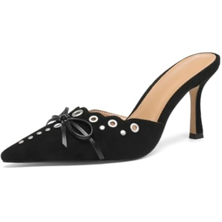 Kitten Heels for Women, Pointed Toe Heels Studded Bow Heeled Mules, Faux Suede Silp On Sandals Ki... | Amazon (US)