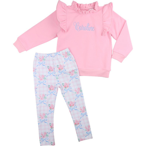 Pink Rose And Bow Print Legging Set | Cecil and Lou