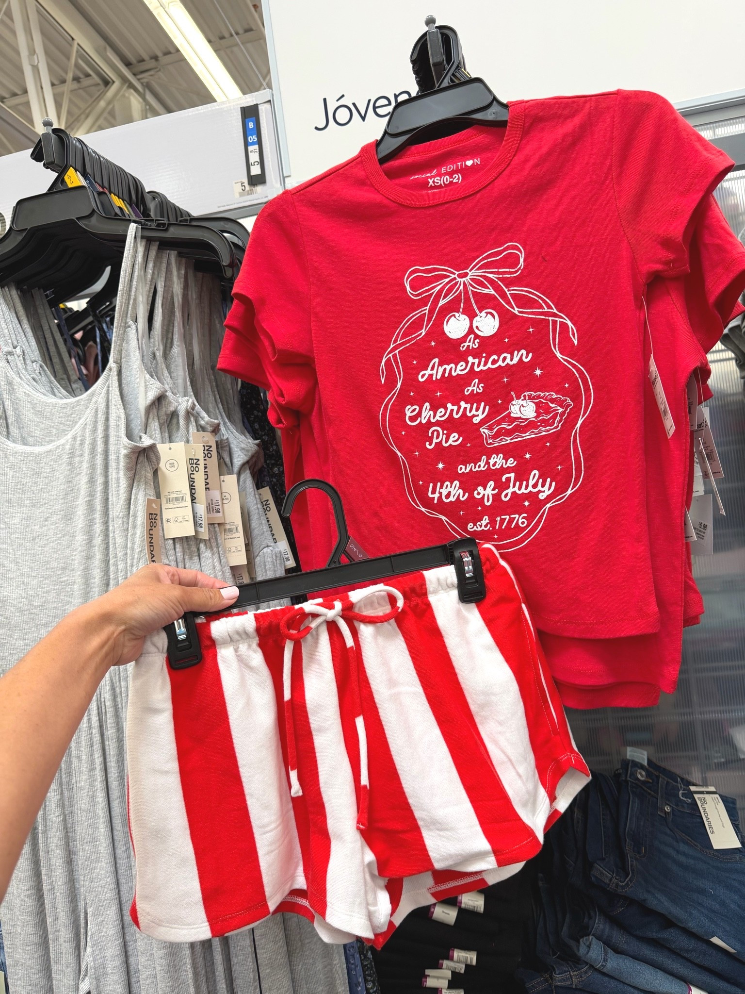 No Boundaries Red Graphic Fourth of July Fitted Shirt and Pull On Red Striped Terry Cloth Shorts #walmart #walmartstyle #noboundaries #walmartlooks
