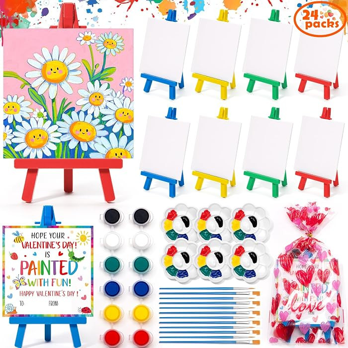 Valentines Day Gifts for Kids - 24 Sets Mini Canvas Acrylic Painting Kit with Valentines Day Card... | Amazon (US)