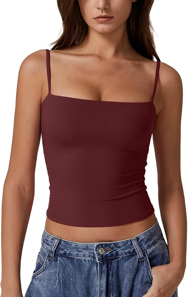 QINSEN Women's Double Lined Basic Tank Top Adjustable Spaghetti Straps Sleeveless Camisole Shirts | Amazon (US)
