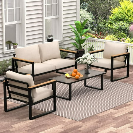 Patio Furniture Set, 4 Pieces Outdoor Patio Furniture, Metal Patio Conversation Sets with Washable and High-Resiliency Sponge Cushions, Beige | Walmart (US)