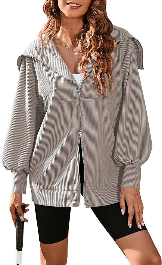 Viottiset Women's Oversized Sweatshirts Ribbed Full Zip Lapel Collar Sweatshirt Long Sleeve 2023 ... | Amazon (US)