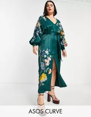 ASOS EDITION Curve satin belted midi dress with floral embroidery in forest green | ASOS (Global)