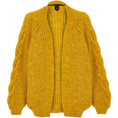 Mustard yellow chunky cable knit cardigan | River Island (US)