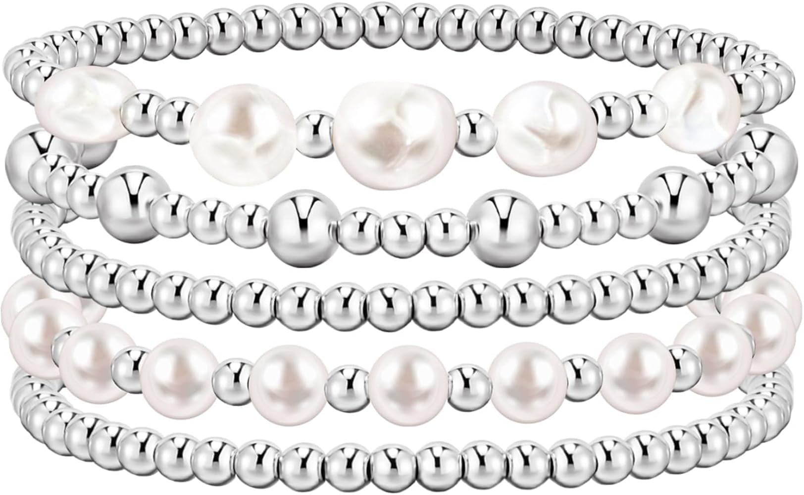Amazon.com: YAKEWA Gold Silver Beaded Bracelets Pack For Women, Adjustable Stretch Pearl Bead Bal... | Amazon (US)
