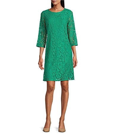 Caroline Rose Lace Round Neck 34 Sleeve Shift Dress - L | Dillard's