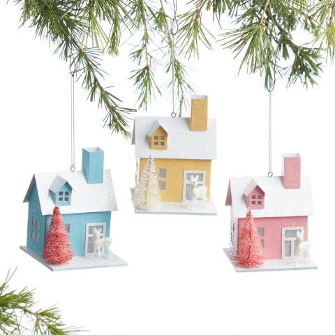 Pastel Paper House With Deer Ornaments Set Of 3 | World Market