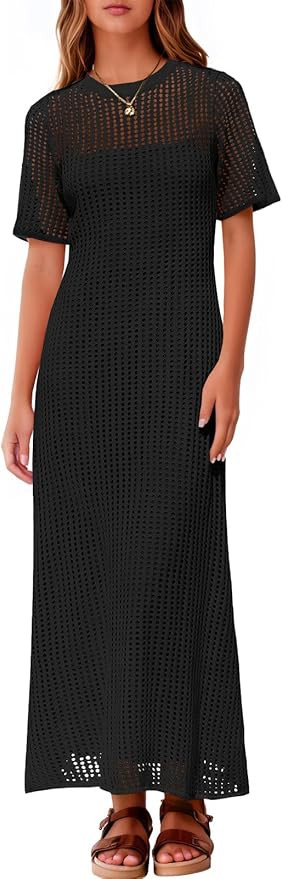 Fisoew Womens Swimsuit Cover Up Eyelet Dress Summer 2 Piece Hollow Out Maxi Dresses Vacation Beac... | Amazon (US)