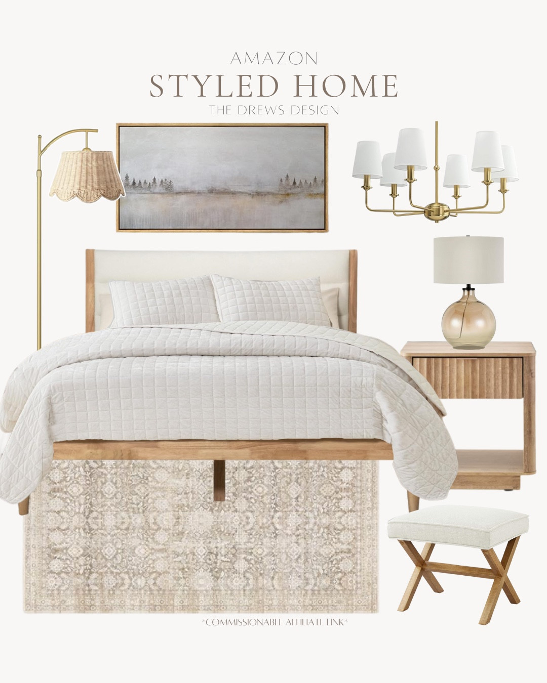 Styled bedroom includes chandelier, wall art, floor lamp, bed frame, quilt, side table, table lamp, ottoman, and area rug.

Home decor, bedroom decor, looks for less, furniture 

#LTKFindsUnder100 #LTKHome #LTKFindsUnder50