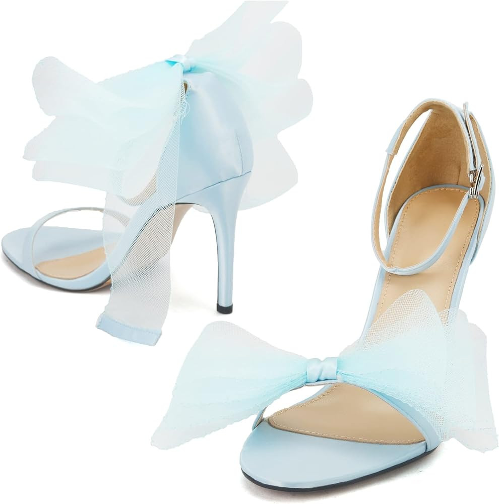 keleimusi Womens Wedding Pumps with Asymmetric Grosgrain Mesh Bows Ankle Strap Dress Peep Toe Sandal | Amazon (US)
