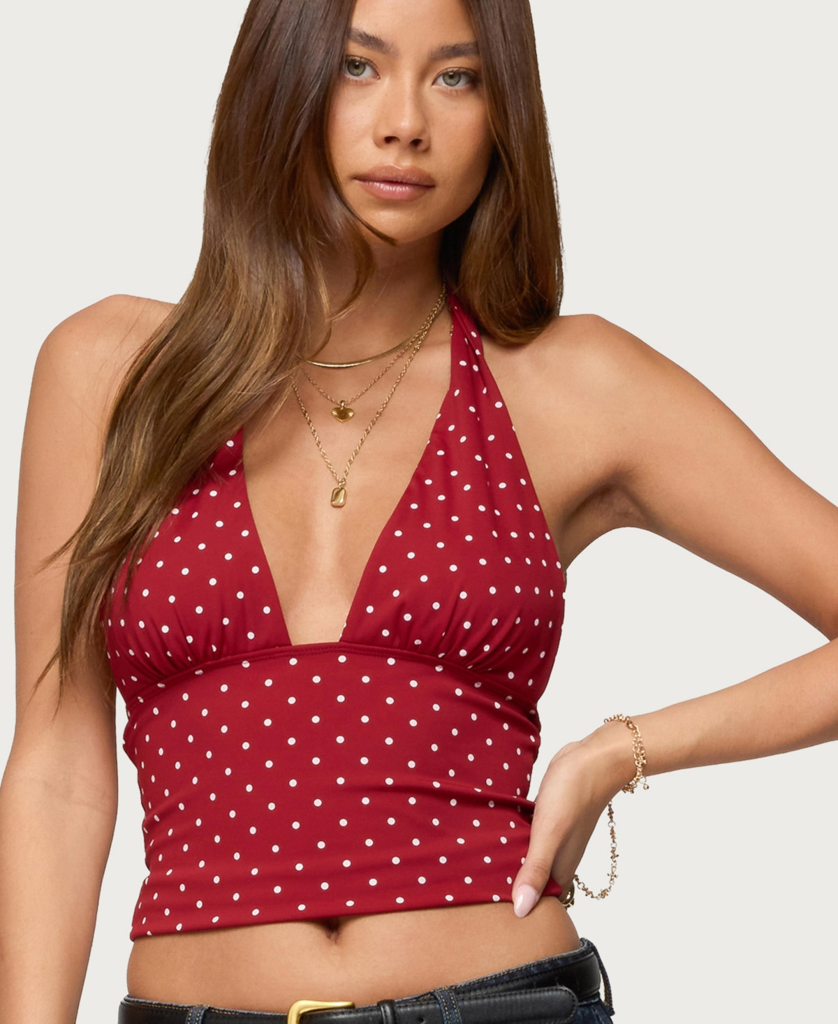 Edikted Womens Blaire Polka Dot Halter Top - Burgundy-and-white | Macy's