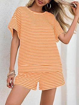 Tankaneo Womens 2 Piece Sets Summer Lounge Sets Striped Short Sleeve Oversized T Shirts Drawstrin... | Amazon (US)