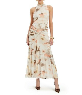 Leanna Floral Mesh Mock Neck Sleeveless Midi Dress | Dillard's
