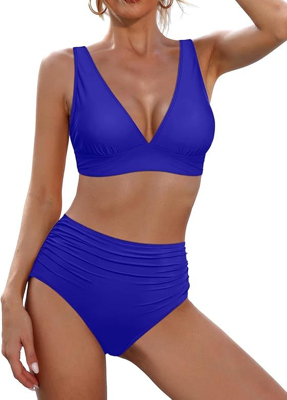 Yonique Women Two Piece Swimsuit High Waisted Bikini Tummy Control Bathing Suit V Neck Swimwear | Amazon (US)