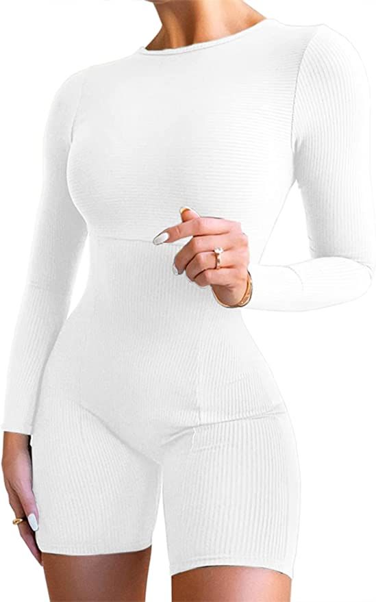 Amazon.com: ioiom long sleeve romper bodycon jumpsuit for women jumpsuits for women sexy White S ... | Amazon (US)
