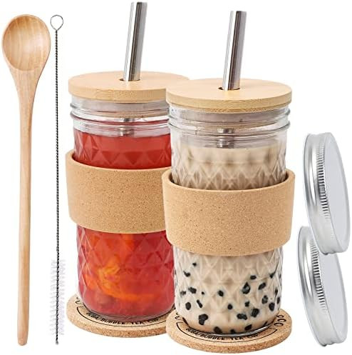 Mason Jar with Lid and Straw, 2 Packs Reusable Wide Mouth Smoothie Cups Boba Cup Bubble Tea Cup w... | Amazon (US)
