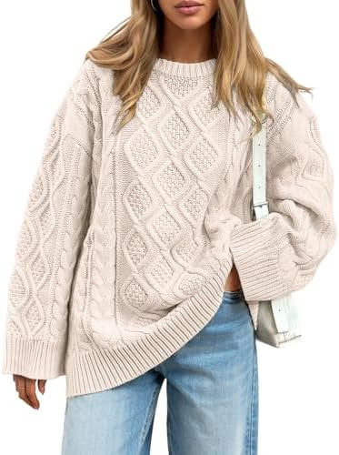 Trendy Queen Women's Oversized Cable Knit Crewneck Sweaters Cozy Winter Clothes | Amazon (US)