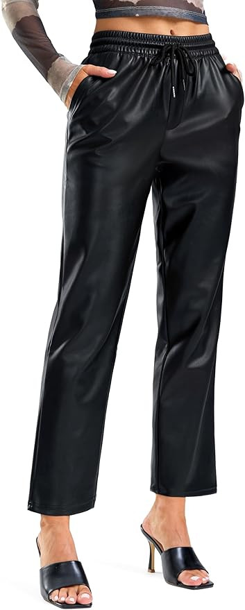 SANTINY Women's Faux Leather Pants High Waisted Straight Leg Cropped Ankle Trousers Vegan Matte P... | Amazon (US)