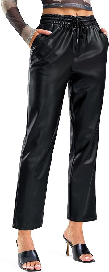 SANTINY Women's Faux Leather Pants High Waisted Straight Leg Cropped Ankle Trousers Matte Pleathe... | Amazon (US)