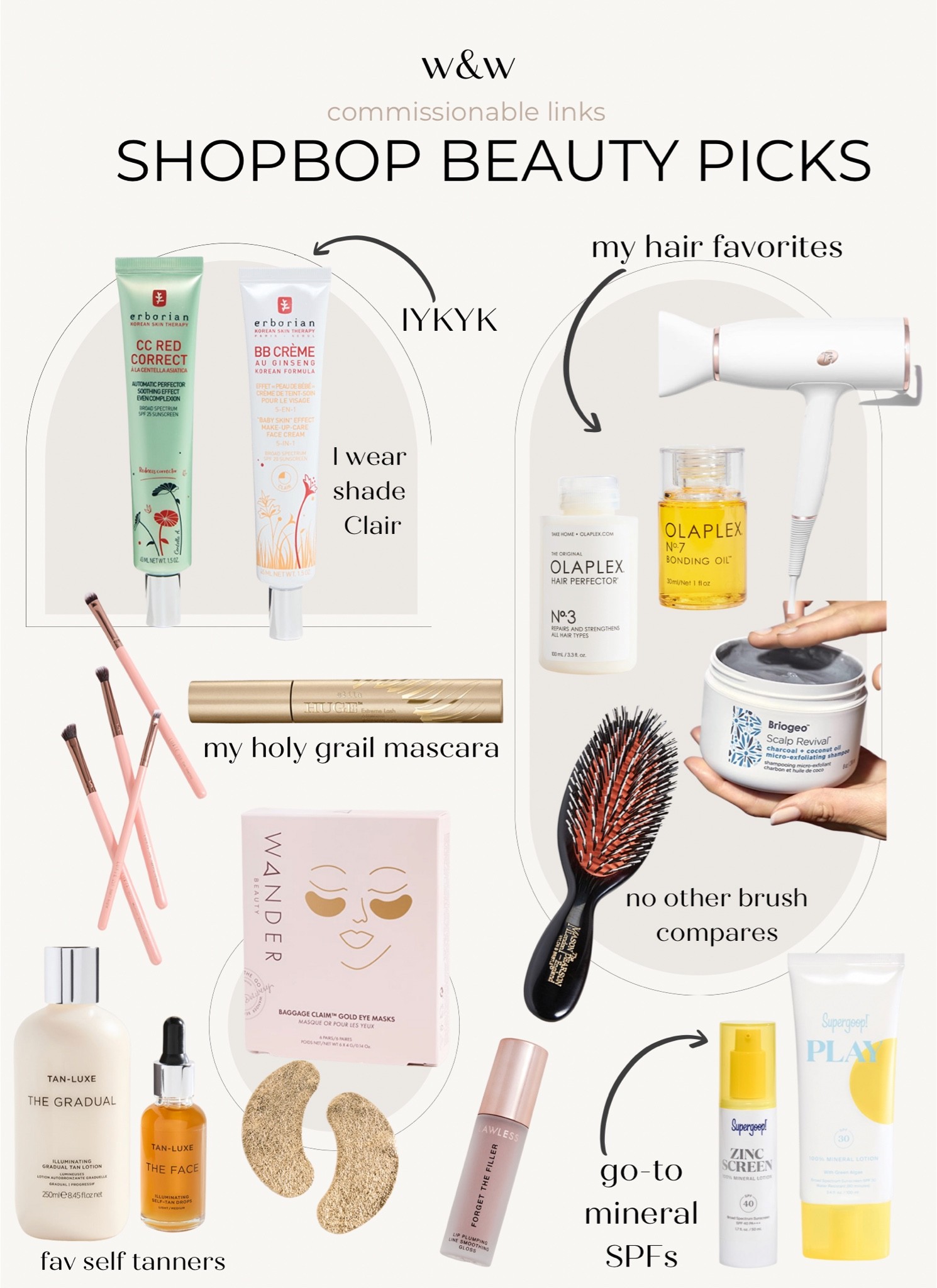 Shopbop beauty picks
Erborian bb cream
Erborian color correcting cream
Olaplex hair favorites
T3 hair dryer
Eye shadow brushes
Mason Pearson pocket brush
Self tanners
Mineral spf sunscreens 

#LTKbeauty