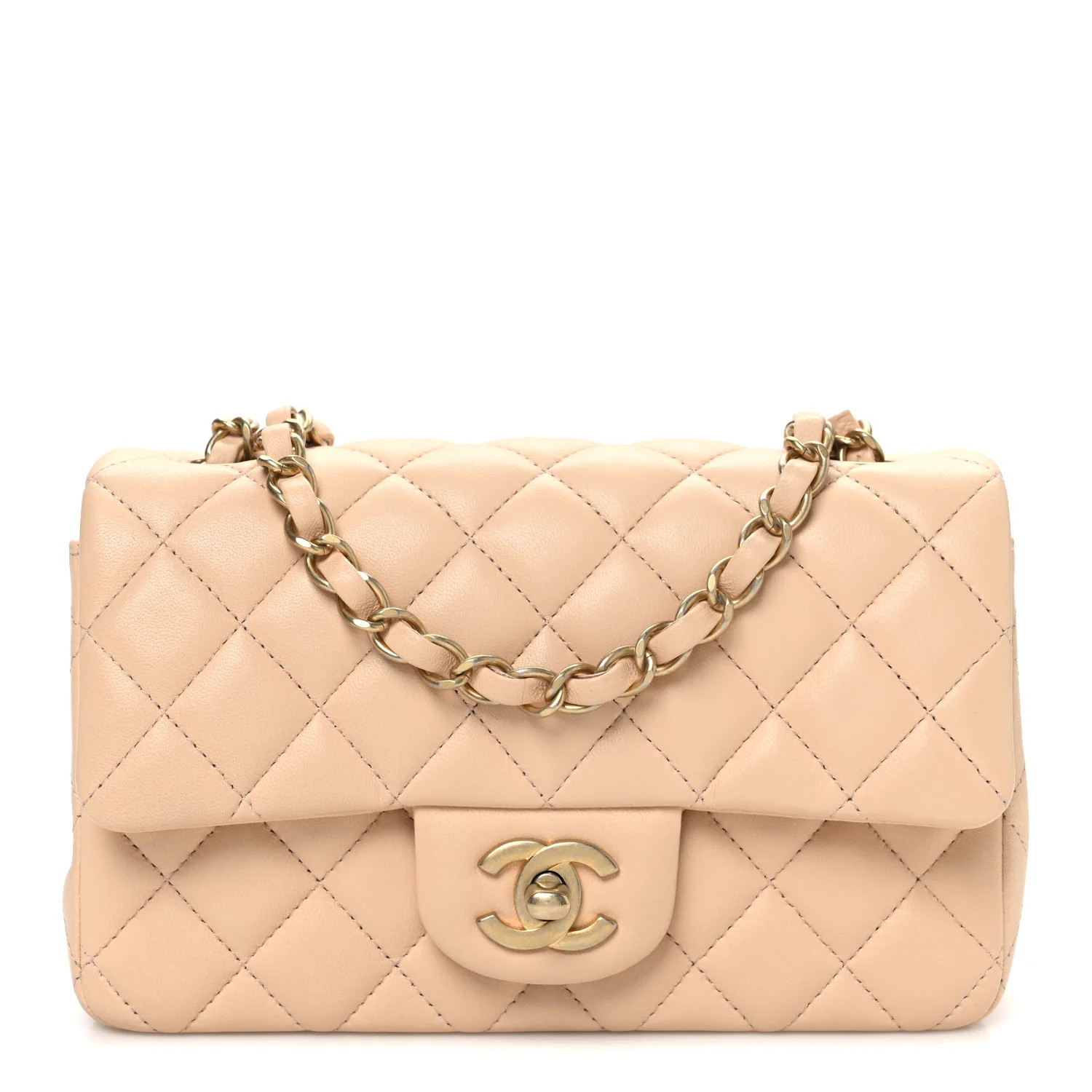 Chanel Lambskin Quilted Mini Rectangular Flap Beige | FASHIONPHILE (US)