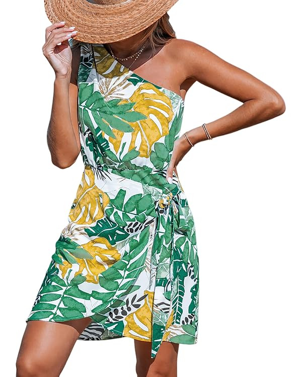 CUPSHE Women's One Shoulder Leaf Print Self-tie Short Dress Sleeveless Tiered Hem Formal Dress Ca... | Amazon (US)