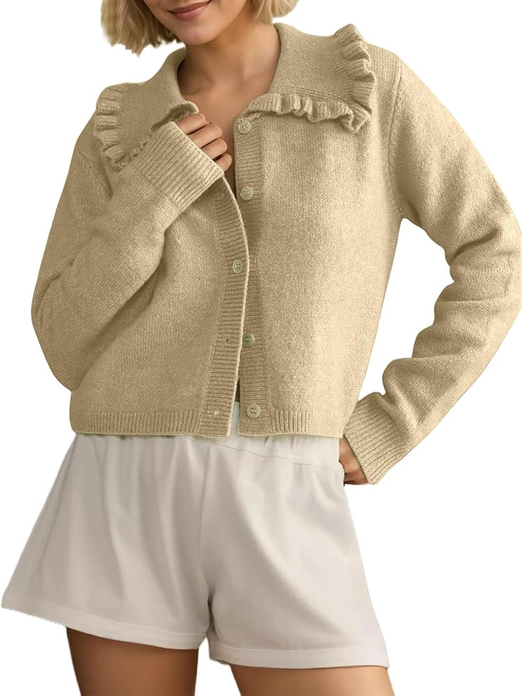Ythomm Womens Ruffle Collar Cropped Cardigans Cute Button Down Sweaters | Amazon (US)