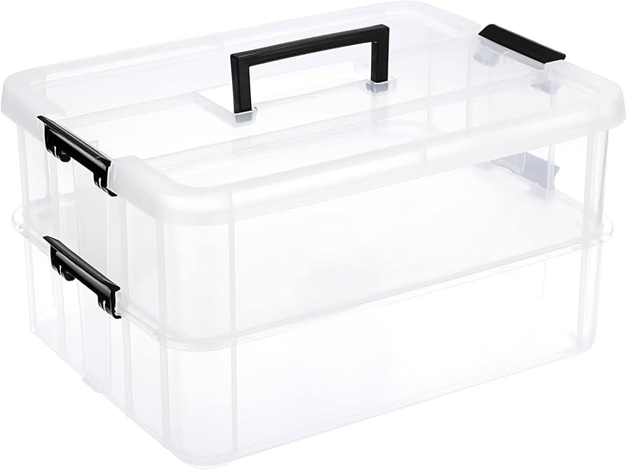 JUXYES 2-Tiers Stack Carry Storage Box With Handle, Transparent Stackable Storage Bin With Handle... | Amazon (US)
