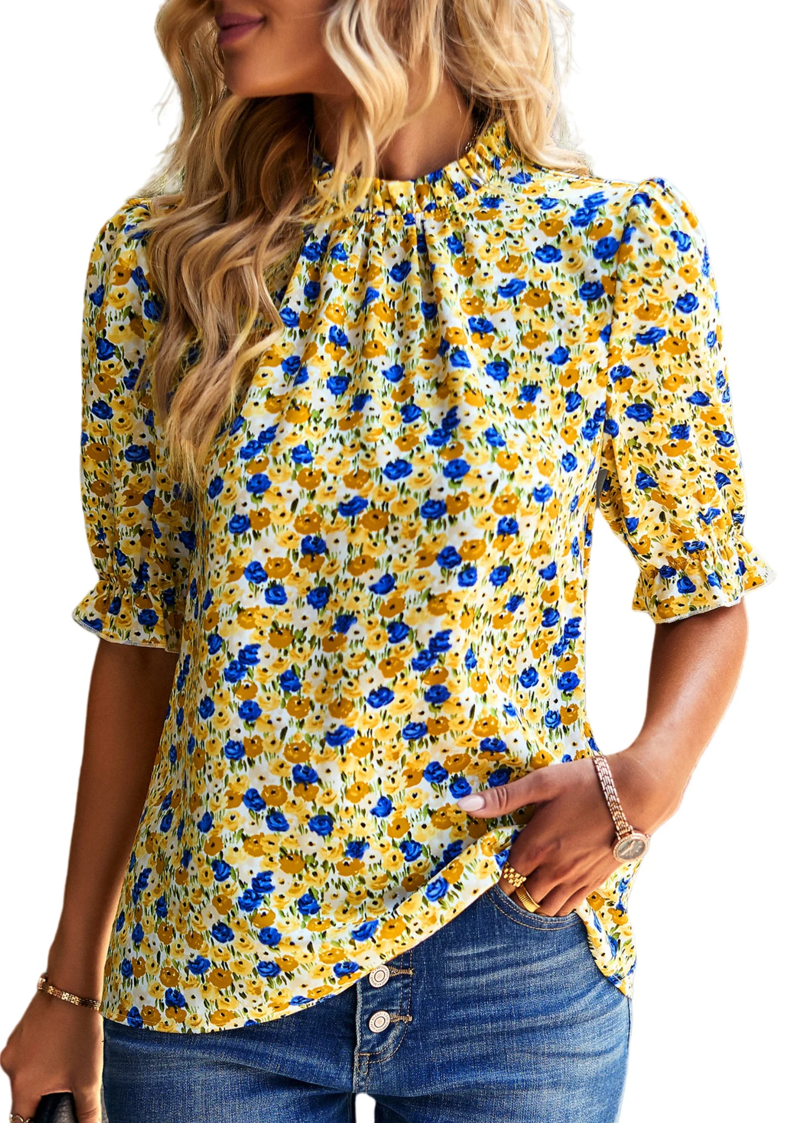 FreshPretty Women's Summer Boho Shirt Top Ruffle Short Sleeve Frill Trim Mock Neck Floral Solid C... | Walmart (US)