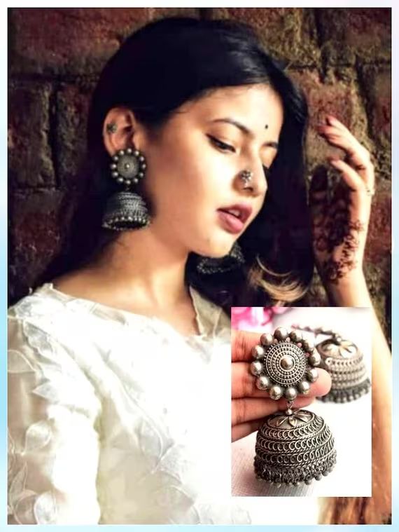 Jhumka Earrings, Oxidized Indian Jewelry, Indian Earrings, Ethnic Earrings, Oxidised Earrings, Ov... | Etsy (US)