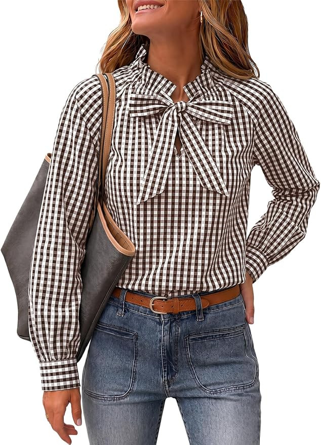 Cicy Bell Womens Striped Bow Tie Blouse Puff Long Sleeve Ruffle Cotton Tops | Amazon (US)