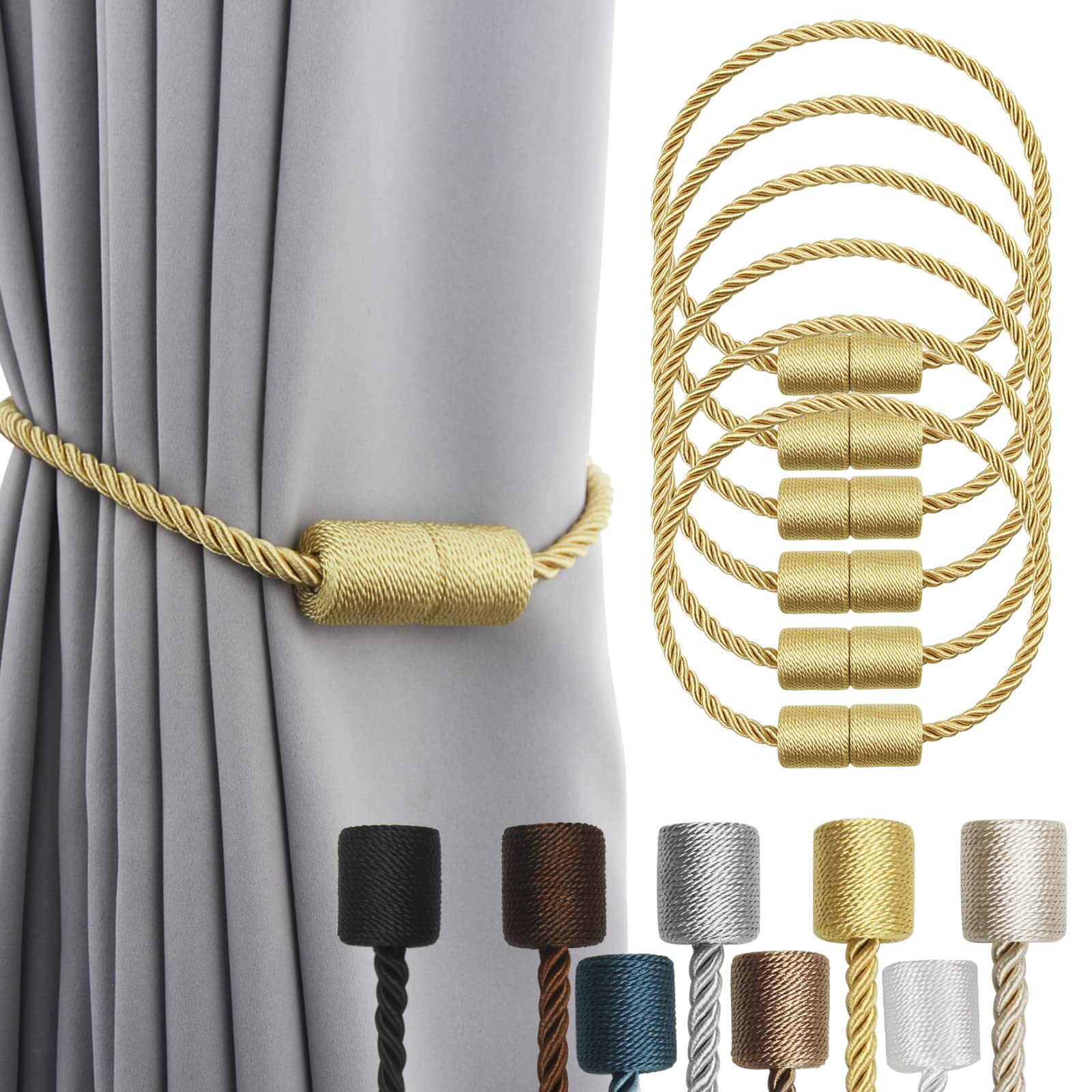 6 Pack Gold Strong Magnetic Curtain Tiebacks Outdoor Elegant Decorative Tie Backs Modern Rope Tie... | Amazon (US)