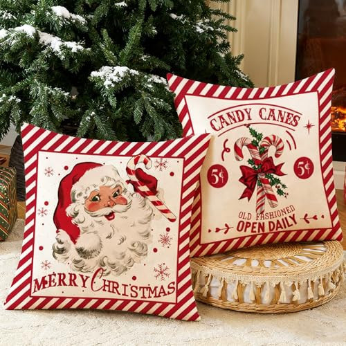 CARRIE HOME Red Retro Christmas Pillow Covers 20x20 Set of 2, Farmhouse Christmas Decor Throw Pillows, Traditional Country Decor Candy Cane and Santa Decorative Throw Pillow Covers for Couch Bed | Amazon (US)