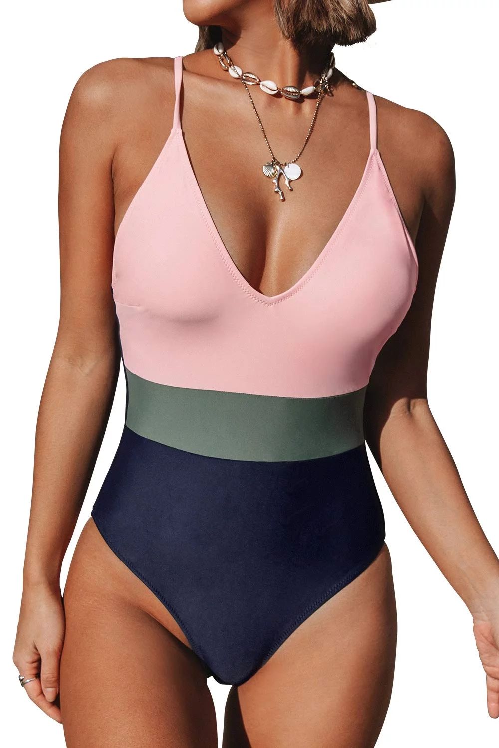 Cupshe Women's Triple Color Block V Neck One Piece Swimsuit Cross Back Swimsuit Pink, M - Walmart... | Walmart (US)