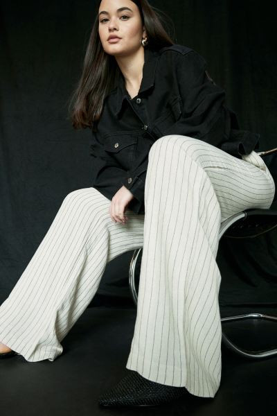 Linen-blend Pull-on Pants - Light beige/pinstriped - Ladies | H&M US | H&M (US + CA)