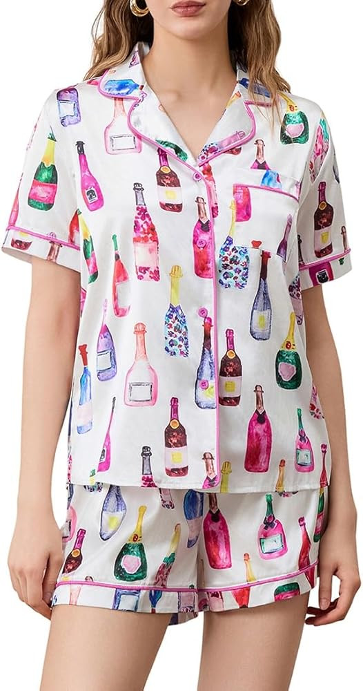 Women Y2k Graphic Pajama Set Bottles Print Short Sleeve Button Shirt Elastic Waist Wide Leg Short... | Amazon (US)