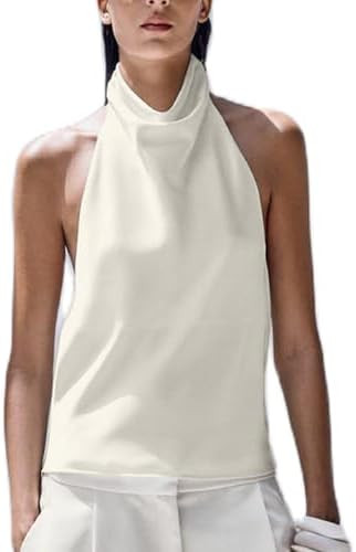 Women Halter Backless Tank Tops Cute High Mock Neck Cami Sexy Open Back Camisole Silk Satin Going... | Amazon (US)
