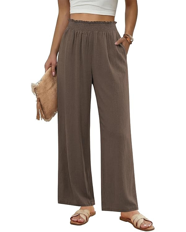 GRAPENT Linen Pants for Women Wide Leg High Waisted Paper Bag Smocked Waist Casual Summer Beach V... | Amazon (US)